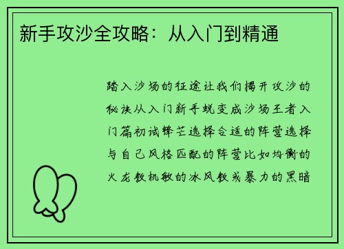 新手攻沙全攻略：从入门到精通